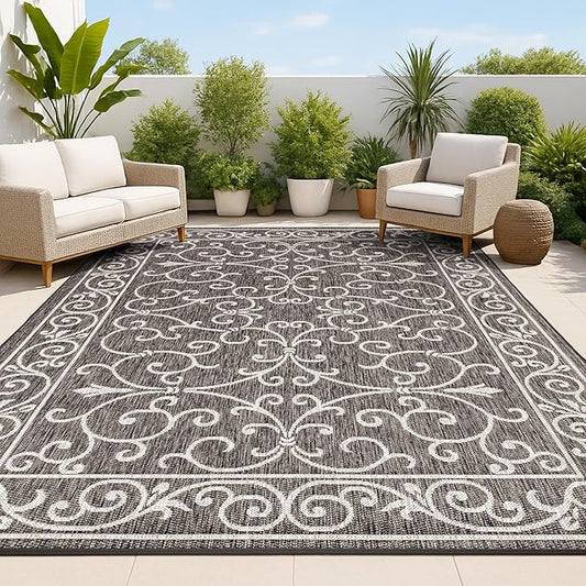 JONATHAN Y SMB106G-8 Charleston Vintage Filigree Textured Weave Indoor Outdoor Area Rug Classic Coastal Easy Cleaning Bedroom Kitchen Backyard Patio Non Shedding, 8 X 10, Black/Gray