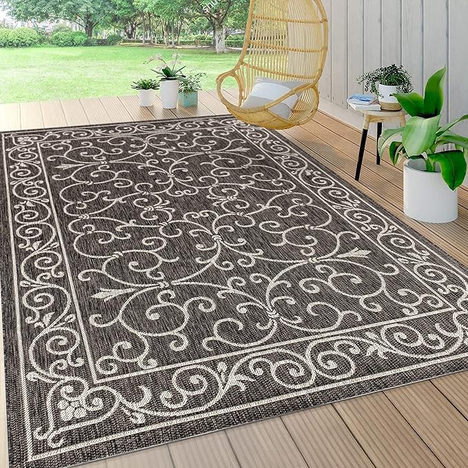 JONATHAN Y SMB106G-8 Charleston Vintage Filigree Textured Weave Indoor Outdoor Area Rug Classic Coastal Easy Cleaning Bedroom Kitchen Backyard Patio Non Shedding, 8 X 10, Black/Gray