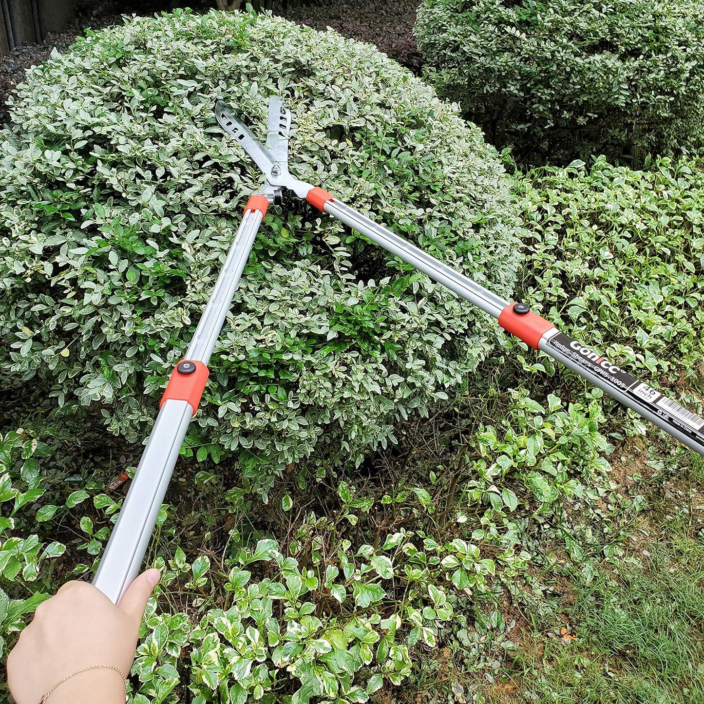 gonicc Professional Adjustable 33"+ 13" Hedge Shears. Handle Length Range 19"-32", with Wavy SK-5 Steel Blade, Adjustable Blade Pressure,Garden Pruning Hand Hedge Trimmers, Grass Clippers Shears