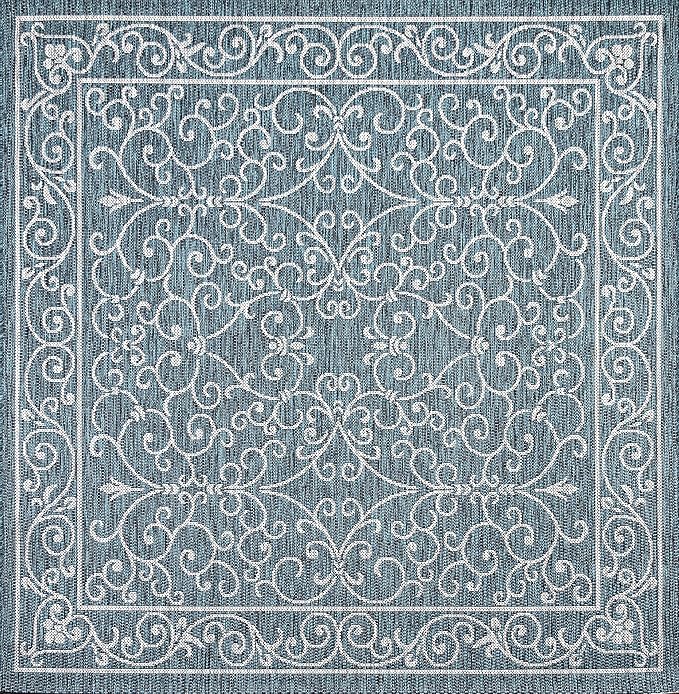 JONATHAN Y SMB106F-9SQ Charleston Vintage Filigree Textured Weave Teal/Gray 9' Square Indoor/Outdoor Area Rug, Pet Friendly, Non-Shedding, Stain Resistant, Easy-Cleaning for Backyard, Patio, Porch